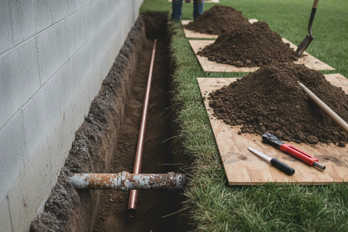 Excavated water line trench during Water Heater Repair in Middletown
